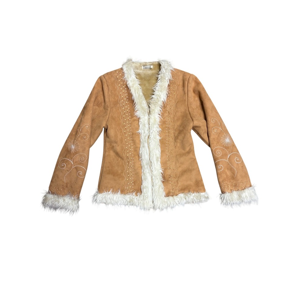 Bacci Designed in Italy Faux Suede Fur Trim Embroidered Boho Jacket Tan Large